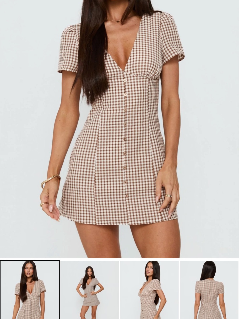 Princess Polly Beige Gingham Button-Front Mini Dress